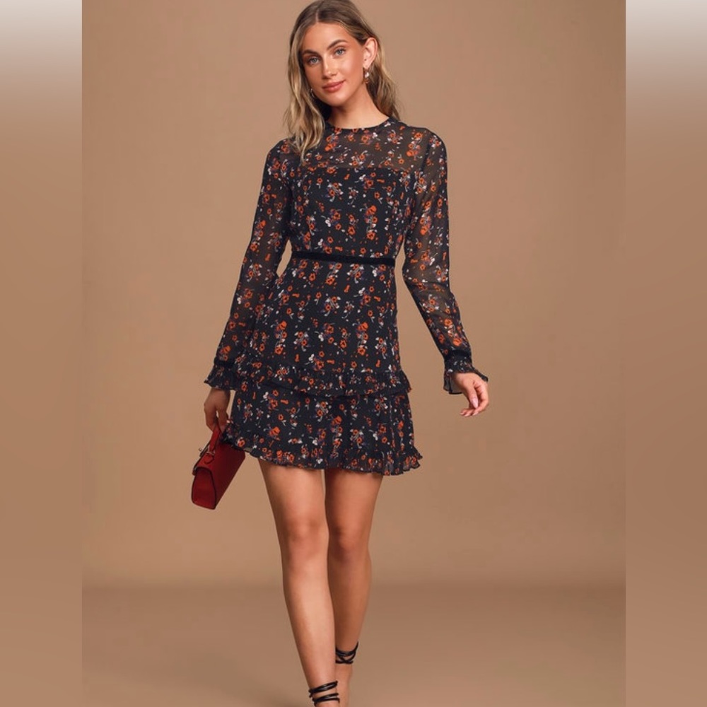 Lulu’s Floral to See Black Floral Print Long Sleeve Mini Dress